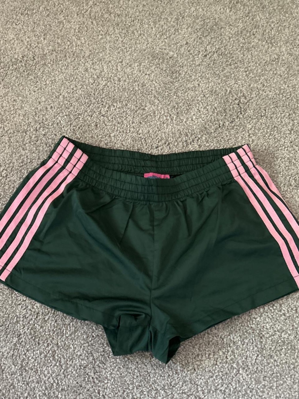 Edikted Green Athletic Shorts with Pink Stripe